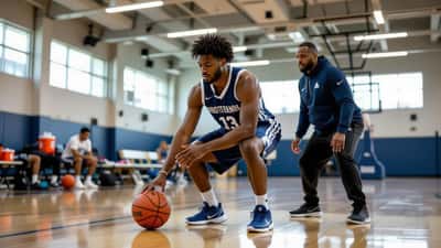 Basketball player kneeling on court gripping thigh in pain while athletic trainer approaches