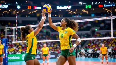 Jogadoras da seleção brasileira feminina de voleibol em ação durante a Liga das Nações 2026