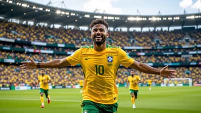 Brazilian footballer in yellow-green jersey celebrating a goal at World Cup 2026 stadium