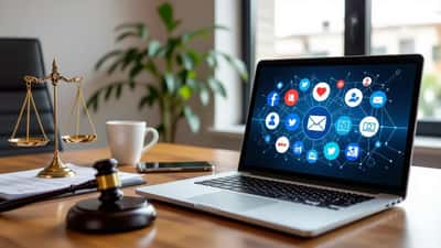 Studio legale con laptop, documenti sulla privacy e bilancia della giustizia