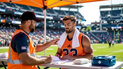 Sportmedisch professional past koudkompres toe op een oververhitte supporter bij een WK 2026-wedstrijd in Philadelphia