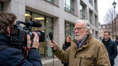 Investigative journalist holding microphone outside a London office building with a press camera crew in the background