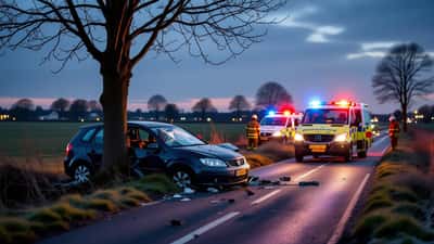 Ambulance en brandweer met blauw zwaailicht bij een nachtelijk auto-ongeluk op een dijk