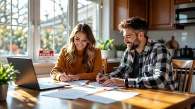 American couple reviewing housing contract documents at kitchen table with For Sale sign visible outside window