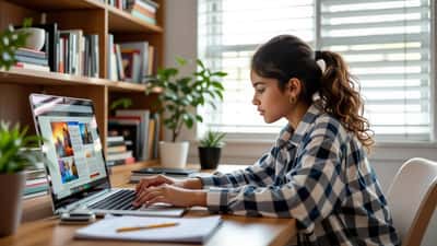 Year 6 student watching BTN Behind the News on a laptop in a Brisbane home study nook