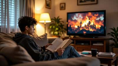 Adolescente latino leyendo libro de historia medieval frente al televisor con House of the Dragon