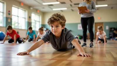 Child doing push-ups in school gymnasium during physical fitness assessment with teacher observing