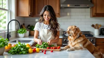 Dueña de mascota lavando verduras en cocina con perro a su lado durante el brote de ciclosporiasis 2026