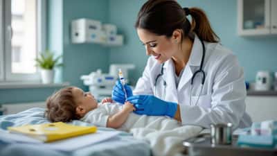 Pédiatre administrant un vaccin à un nourrisson lors d'une consultation dans une clinique pédiatrique à Paris, carnet de santé ouvert sur la table