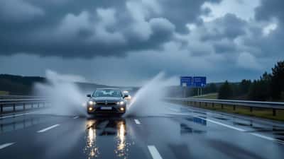 Voiture roulant sous une forte pluie sur autoroute avec projection d'eau, risque d'aquaplaning