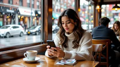 Femme consultant son téléphone dans un café à Montréal, reflétant sur des signaux de relation toxique