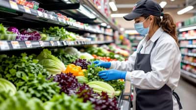 Food safety inspector in blue gloves examining fresh cilantro and salad greens for Cyclospora contamination in a US supermarket