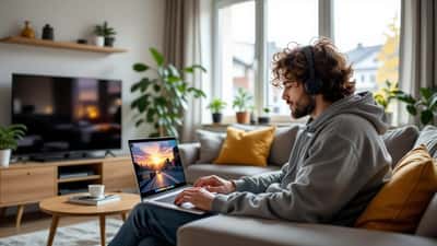 Norsk spiller leser om GTA 6-forbrukerrettigheter på laptop i stue