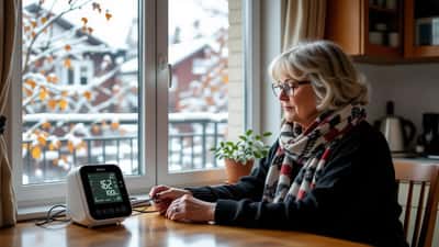Nainen mittaa verenpainettaan kotona, taustalla syksyinen ikkuna kylmäaallon saapuessa Suomeen