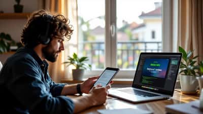 Homem verificando atualização iOS 27 no iPhone com backup no notebook