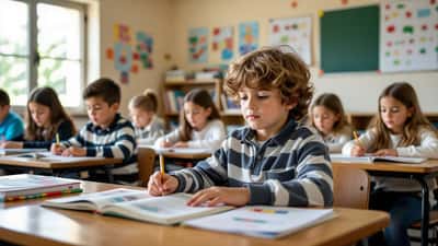 Criança a estudar numa sala de aula portuguesa no Dia da Criança 2026