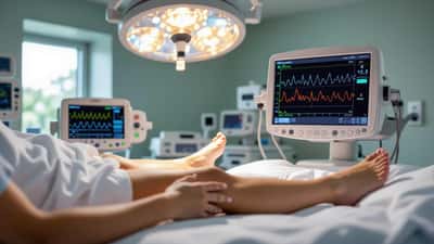 NHS sonographer performing Doppler ultrasound scan on patient's swollen leg in hospital examination room