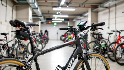 Vélo de course connecté avec dérailleur électronique et traceur GPS, cadenassé dans un local à vélos