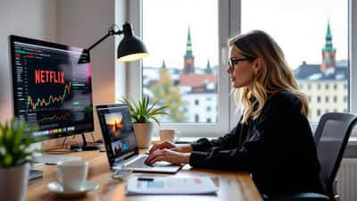 Kvinna analyserar underhållningsaktier och streamingdata på laptop i stockholmskt hemmakontor