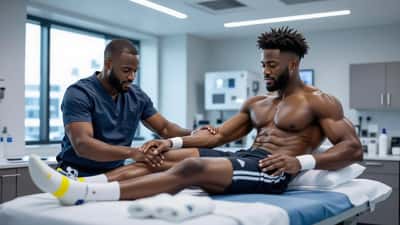 Médico do desporto a examinar atleta profissional após partida da Copa do Mundo 2026 em Toronto