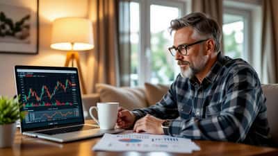Investor reviewing a falling stock chart and portfolio allocation sheet at a home desk