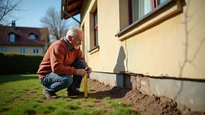 Propriétaire suisse inspectant une fissure diagonale sur la façade de sa maison pendant la sécheresse d'avril 2026