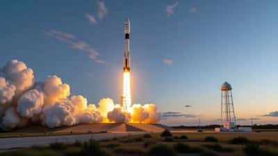 SpaceX Starship rocket lifting off from a coastal Texas launch pad with a bright orange engine plume