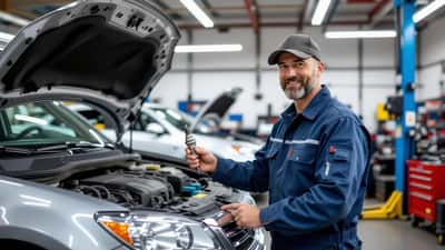 Canadian mechanic inspecting engine compartment checking spark plugs in an auto repair shop