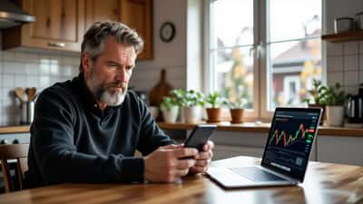 Bekymret nordmann ser på en falsk investeringsannonse på mobilen ved kjøkkenbordet