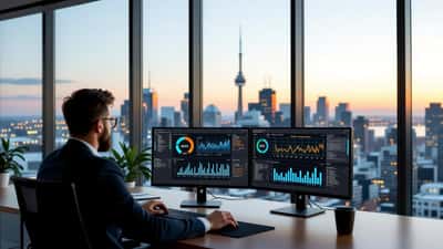 Responsable IT analysant un tableau de bord de sécurité IA dans un bureau à Montréal