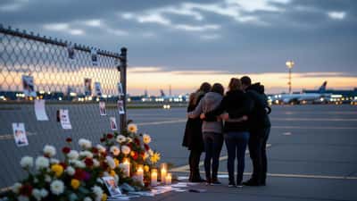Memorial con flores y velas en la pista de un aeropuerto mientras familiares se abrazan al atardecer