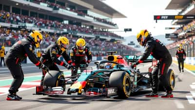 Formula 1 pit crew mechanics performing a tire change on a hybrid F1 car at Circuit de Catalunya Barcelona during the 2026 Spanish Grand Prix