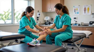 Médico examinando tobillo de bailarina durante consulta de medicina deportiva en Miami