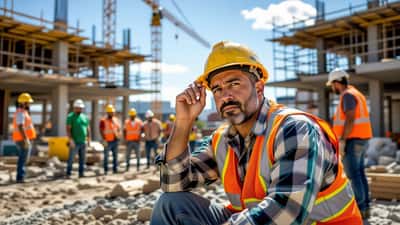 Trabajador hispano de construcción en Houston sujetando su casco con expresión de dolor tras golpe en la cabeza en obra