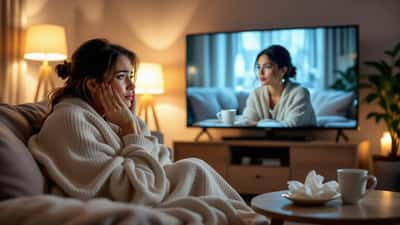 Fan watching TV show finale, visibly emotional, tissues on couch beside them