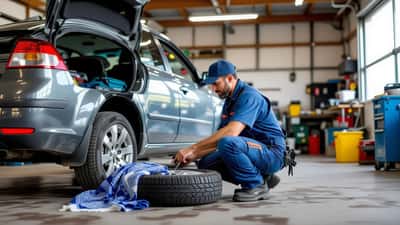 Meccanico controlla pneumatici e freni di un'auto carica di bagagli prima della trasferta a Dimaro