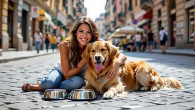 Donna accovacciata accanto a un cane che ansima per il caldo su un marciapiede di Roma in estate 2026