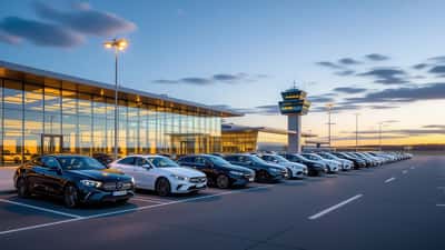 Parkeringsplads ved Billund Lufthavn i aftenlys med terminalbygning i baggrunden