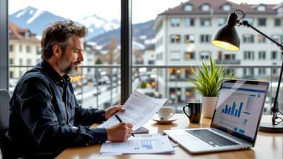 Conseiller en gestion de patrimoine analysant des tableaux de cotisations LPP dans un bureau zurichois