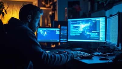 Gamer am PC schaut auf Phishing-Warnung — Cybersicherheit beim Diablo-4-Launch