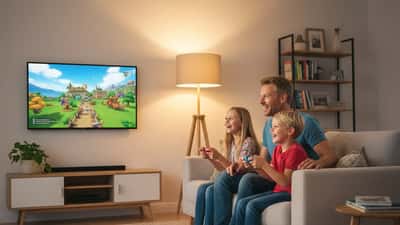 Australian family in a Sydney living room playing Nintendo Switch on TV together, father and two children with Joy-Con controllers, evening family gaming
