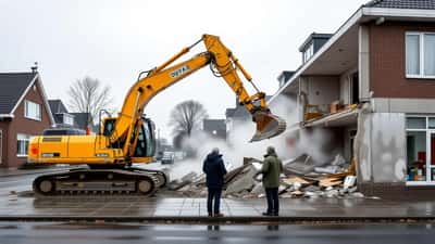 Sloopkraan bij een naoorlogse portiekflat in een Nederlandse stad