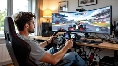 Man in een simracing-opstelling thuis met stuur, pedalen en een monitor met een Formule 1-game