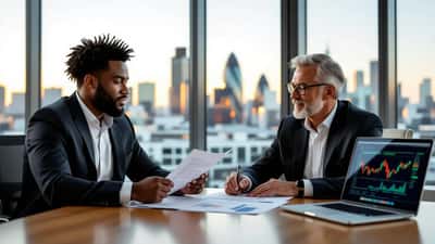 British professional athlete meeting with a wealth management adviser in a London financial office