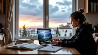 Studente osserva su un laptop la mappa meteo con l'anticiclone africano in ritirata e i temporali in arrivo sull'Italia