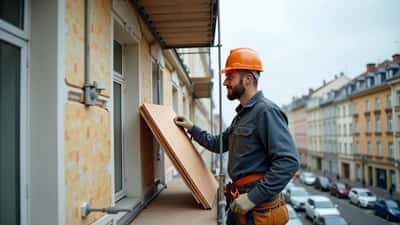 Handwerker untersucht Wärmedämmung an einem Gründerzeit-Wohngebäude in Wien mit Gerüst und Dämmplatten