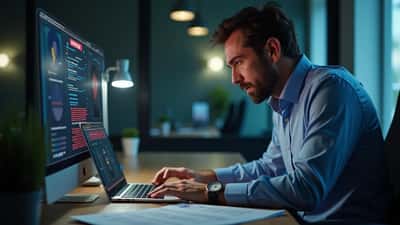 Manager IT italiano in ufficio con laptop che mostra avvisi di sicurezza e documenti GDPR
