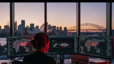 IT specialist monitoring cybersecurity dashboard with North Korea threat alerts on screen