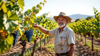 Agricoltore italiano in un vigneto secco durante la siccità estiva 2026