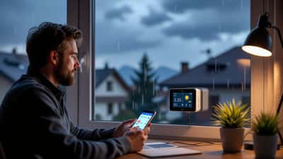 Mann prüft während eines Gewitters eine Smart-Home-Wetterstation und Wetter-App in Österreich